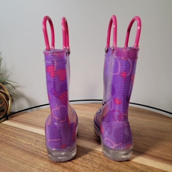Outee Pink and Purple Heart Print Pull On Light Up Rain Boots Size 5 - Picture 5 of 14